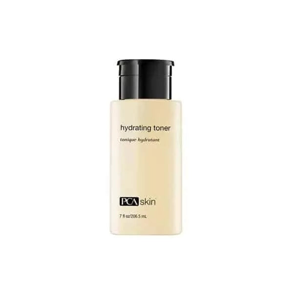 A beige 207 ml Hydrating Toner bottle from PCA Skin, featuring a black cap and minimal front text, designed for daily use and antioxidant protection, displayed against a plain white background.
