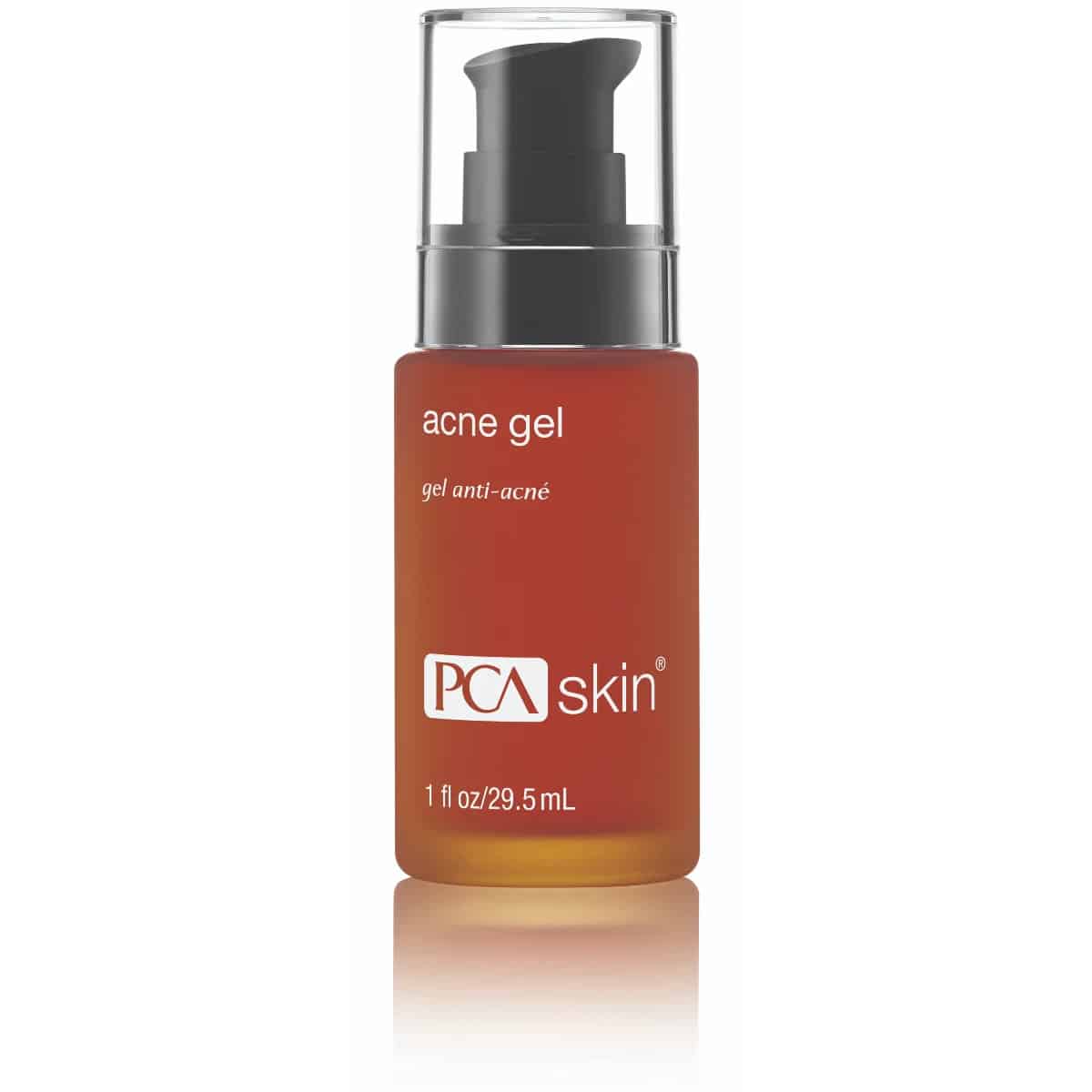 A clear bottle of Acne Gel with Omnisome with a black pump dispenser features the OmniSome delivery system for enhanced absorption. The label on the front reads "Acne Gel" and "Gel Anti-Acné." Enriched with 2% salicylic acid, this 1 fl oz (29.5 mL) product is designed to combat acne effectively.