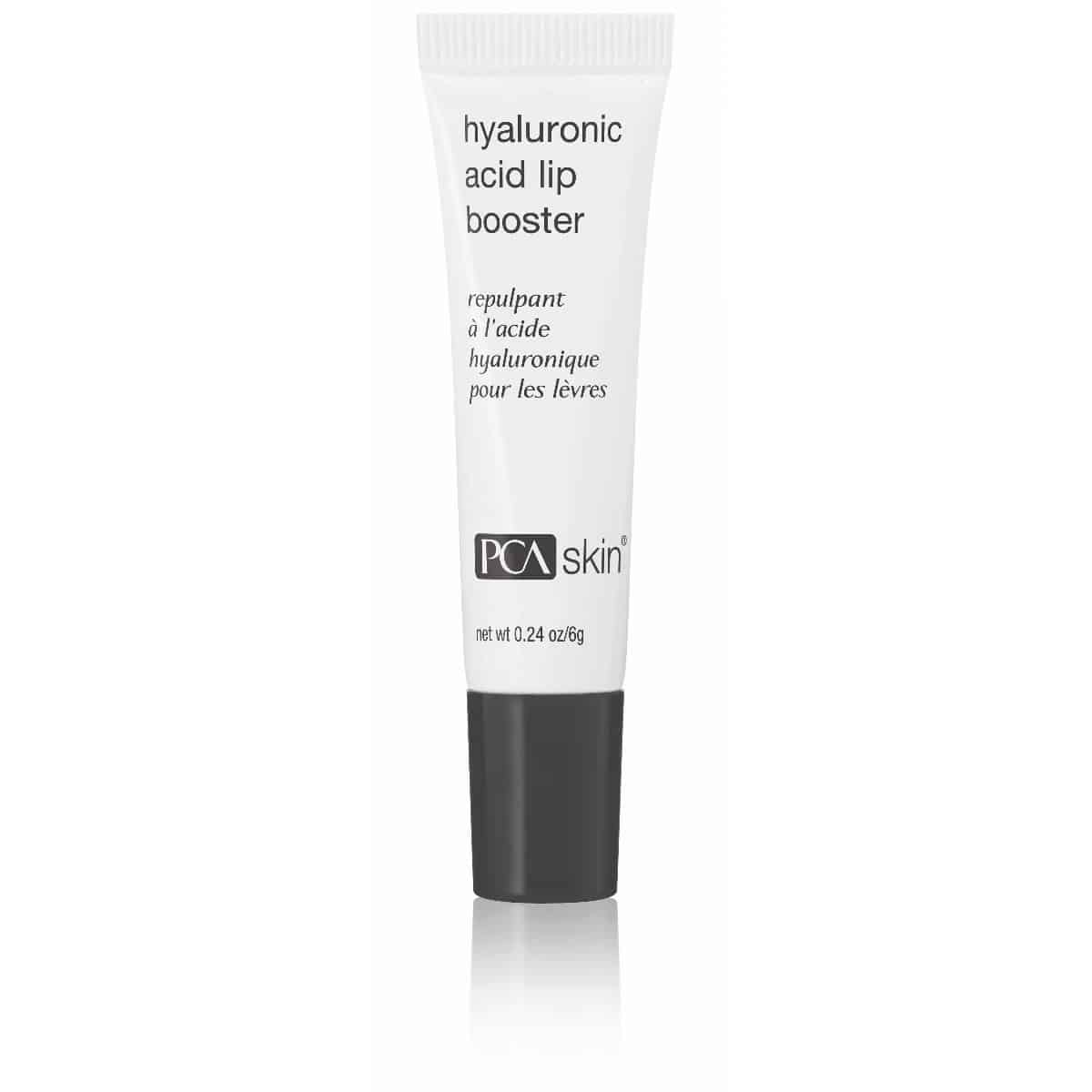 A white tube with a black cap labeled "Hyaluronic Acid Lip Booster" in English and French. The tube is part of PCA Skin&