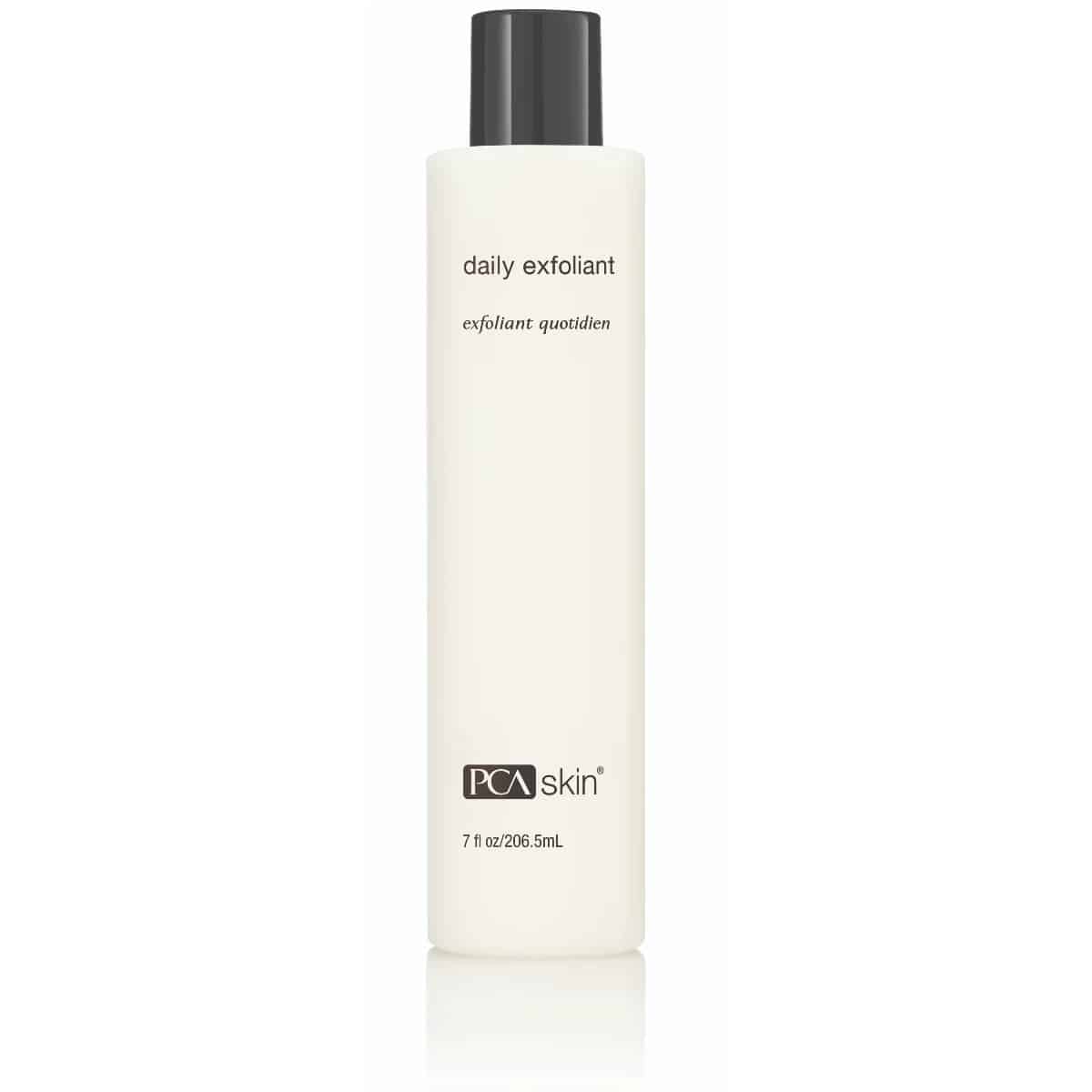A tall, cylindrical bottle with a black cap labeled "Daily Exfoliant" and "exfoliant quotidien." The brand name "PCA skin" is printed near the bottom alongside the volume, "7 fl oz / 206.5 mL." The bottle is white with simple, minimalist design elements and contains biodegradable exfoliants.