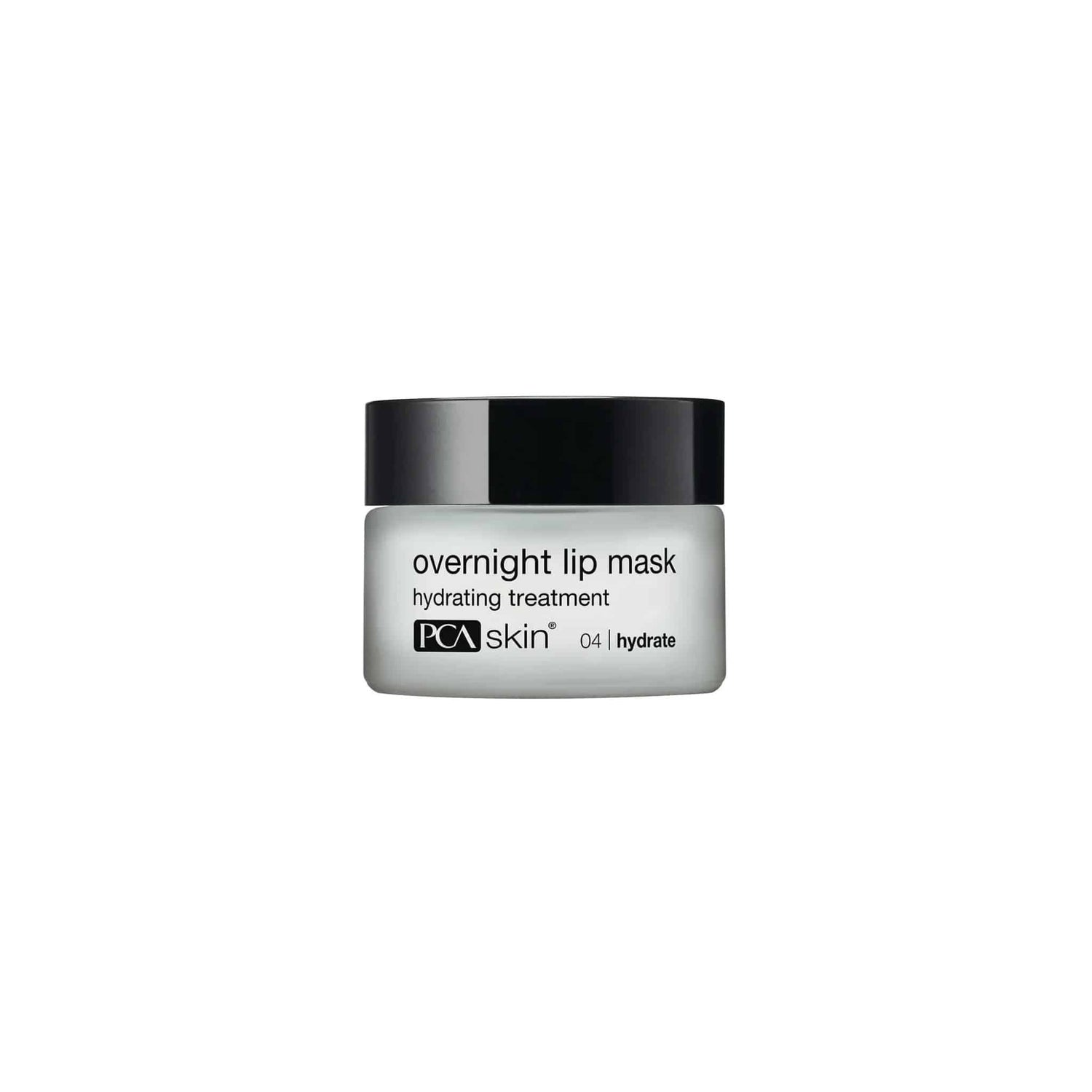 A small jar of HA Lip Overnight Mask labeled "hydrating treatment" with a black lid. This nighttime lip treatment is designed to provide ultra-hydrating moisture to lips during sleep.