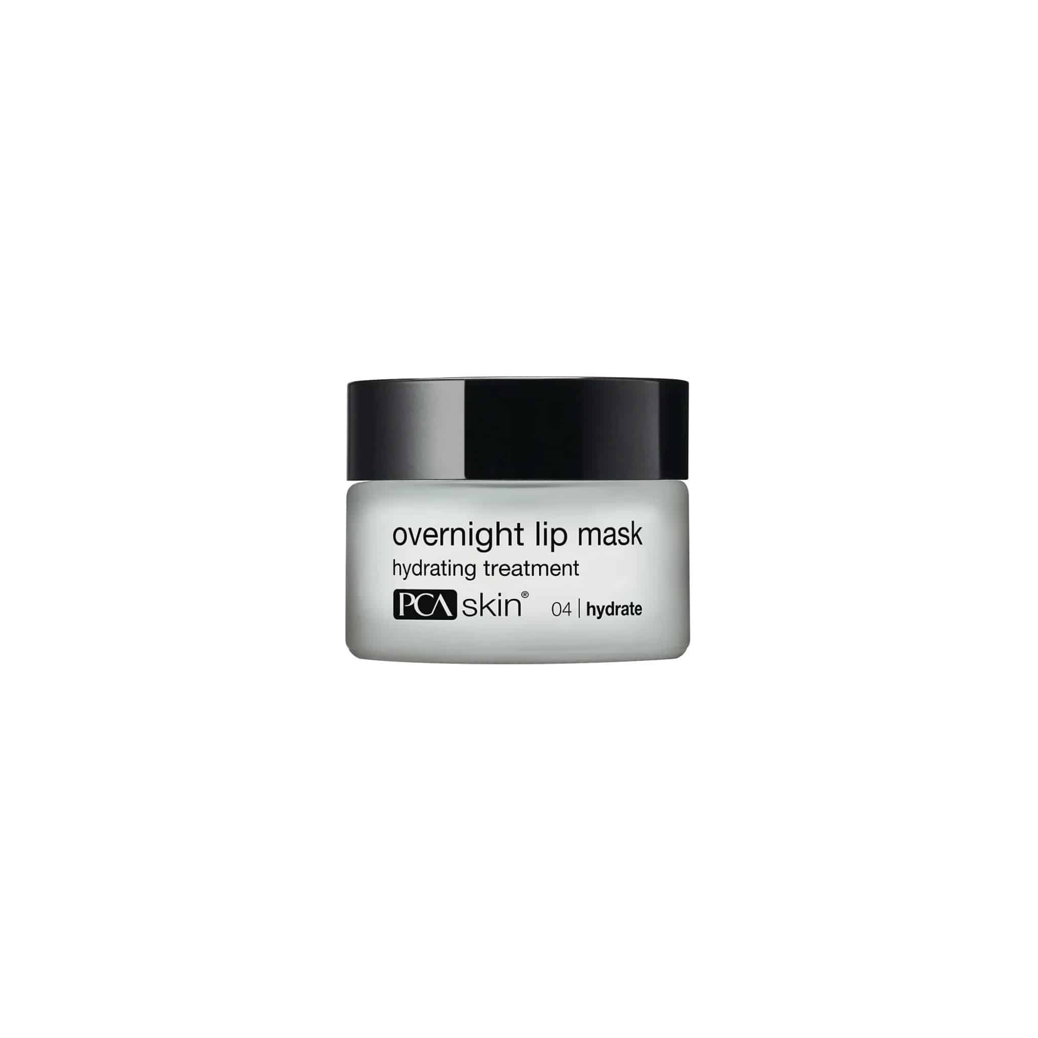 A small jar of HA Lip Overnight Mask labeled "hydrating treatment" with a black lid. This nighttime lip treatment is designed to provide ultra-hydrating moisture to lips during sleep.
