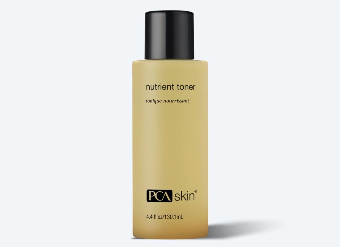 A bottle of Nutrient Toner 130ml with a black cap and light amber liquid, labeled with the product name and size, is pictured against a plain light background.