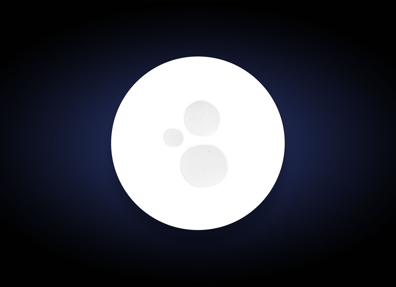 A white circle on a dark gradient background contains three clear liquid droplets of different sizes, reflecting the essence of Exlinea Peptide Smoothing Serum 30 ml, known for its anti-aging and wrinkle reduction benefits.