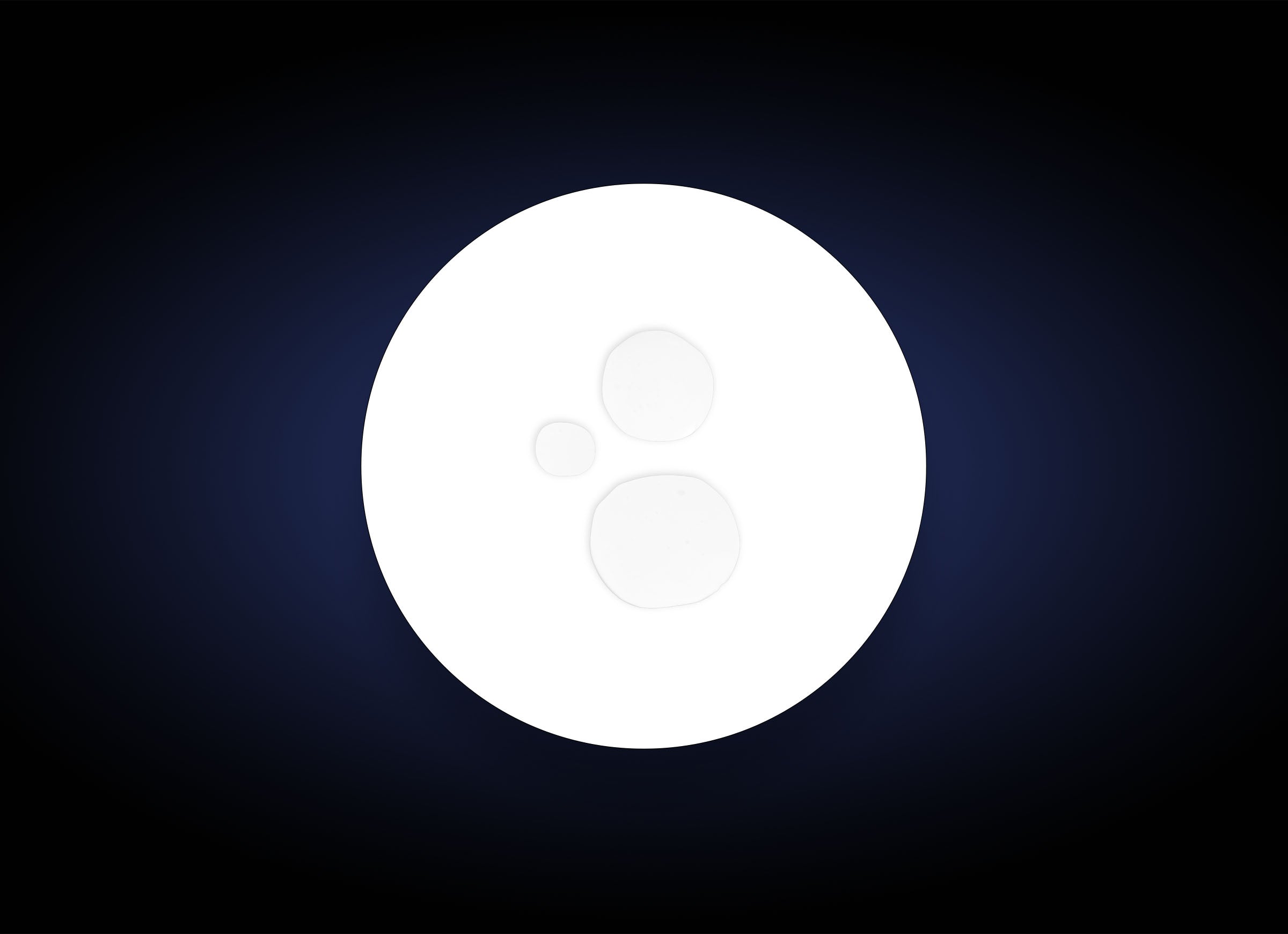 A bright white circle with three smaller translucent circles inside, set against a dark blue to black gradient, evokes the instant hydration and antioxidant-rich benefits of Daily Defense Mist Antioxidant Spray 59 ml.