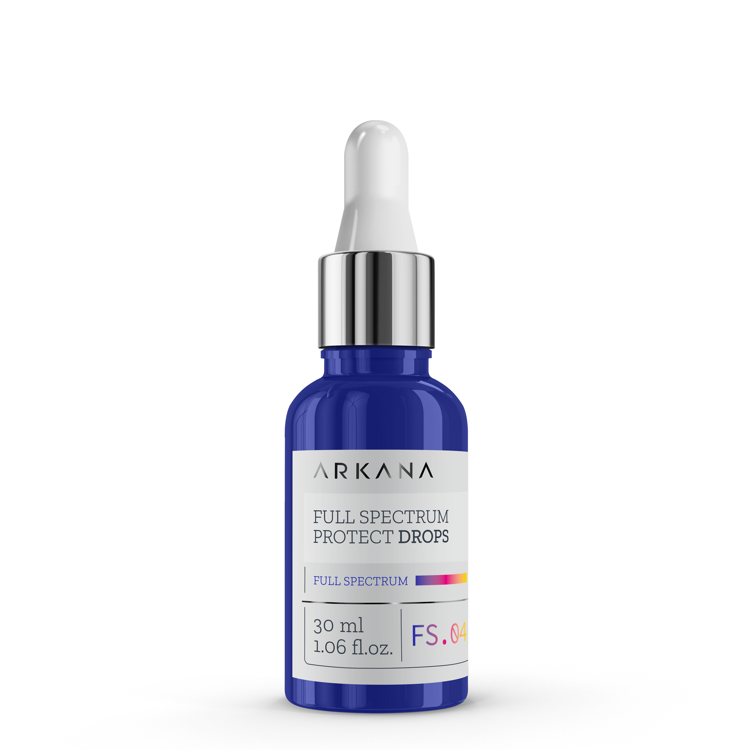 A blue glass bottle with a white label and silver dropper cap, labeled "Full Spectrum Protect Drops SPF30 30ml," sits on a plain white background—an elegant way to protect your skin daily.