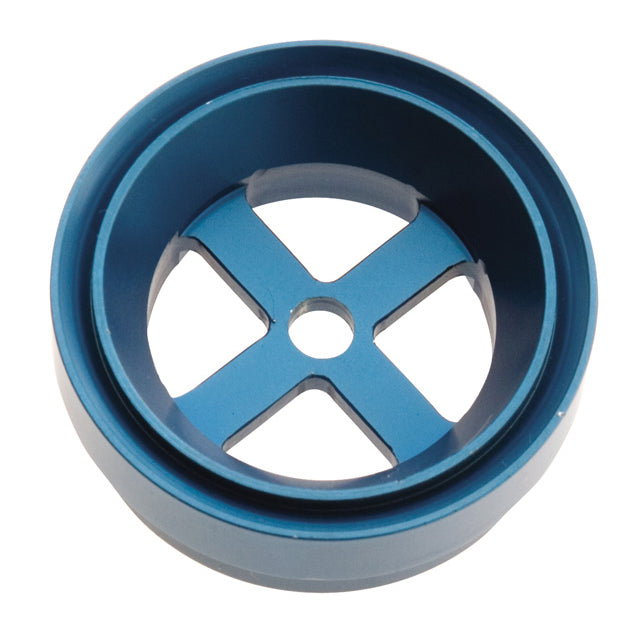 A Black & Black 4-Ring Areola Marker, Diameters: 40, 44, 48 & 52mm with a circular outer rim and a cross-shaped inner structure featuring a central hole stained with methylene blue. The design likely indicates it is a mechanical part, possibly for machinery or automotive use. The background is white.