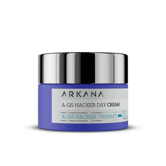 A 50ml jar of A-QS Hacker Day Cream with a blue and silver design rests on a white background. The label displays the product name in black and blue text with minimalist style.