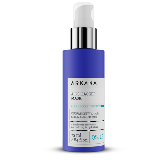 A pump bottle labeled "A-QS Hacker Mask 75ml" stands upright on a plain white background, displaying ingredient details and volume in blue and white packaging.
