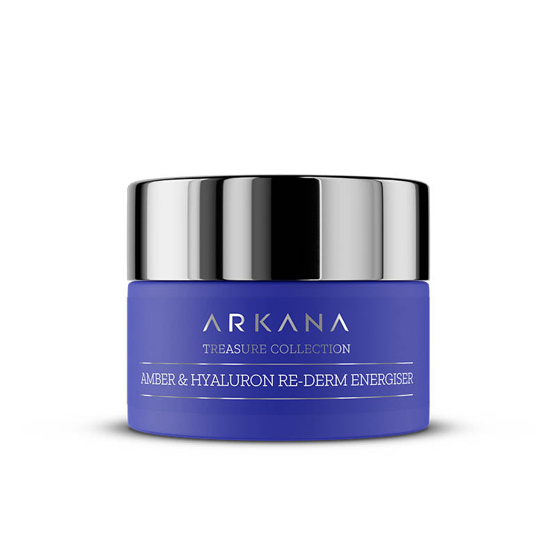 A blue jar with a silver lid, labeled "Amber & Hyaluronic Re-Derm Energiser 50 ml," stands against a white background. This redermalising cream is infused with hyaluronic acid to revitalize skin.