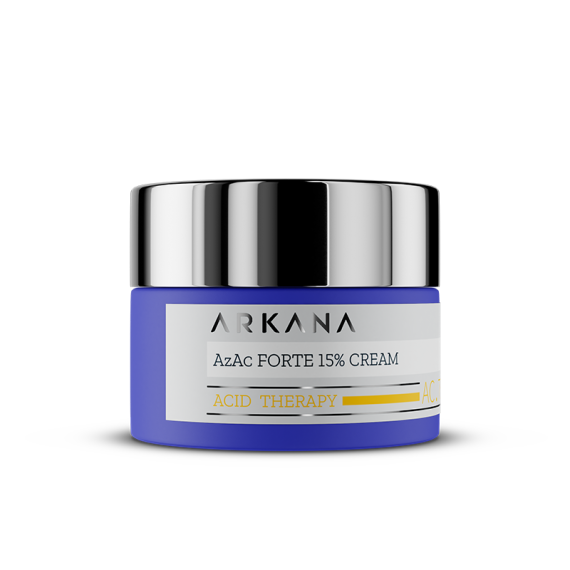 A blue jar with a shiny silver lid labeled "AzAc Forte 15% Cream 50 ml" and "ACID THERAPY" in yellow. This skincare cream is designed to enhance your daily routine.