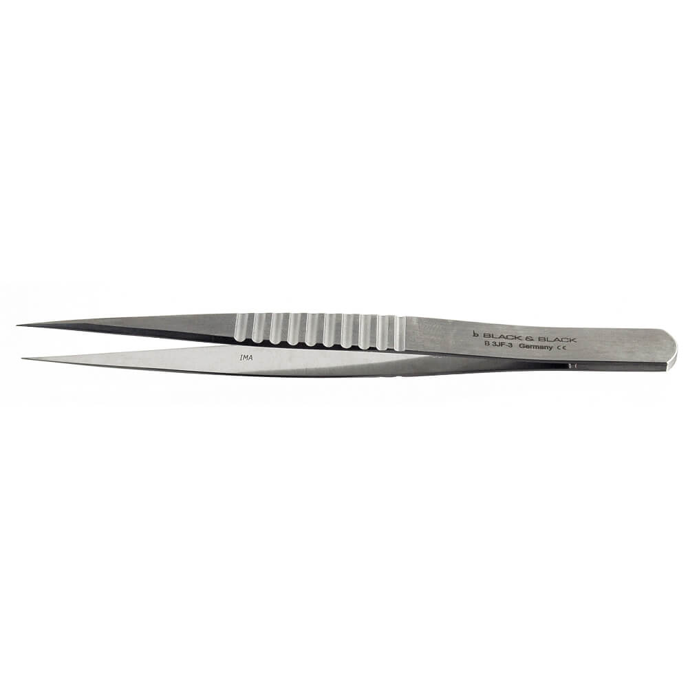 A Micro Forceps, Flat Handle 9mm Wide, 0.3mm Tip, Smooth, Straight is displayed against a white background. The tweezer is labeled with "Black & Black" along with additional text and markings on the handle.