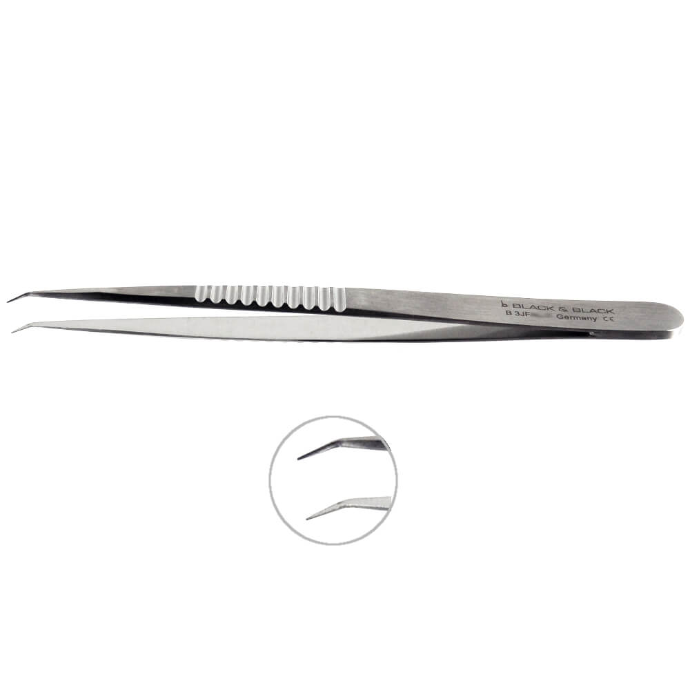 A close-up image of a pair of Micro Forceps, 7-1/4" (18cm), Flat Handle 9mm Wide, 0.3mm Tip. The forceps are metallic with a smooth, polished finish and feature a slightly curved, pointed tip for detailed work. A magnified section highlights the precise tips in greater detail.