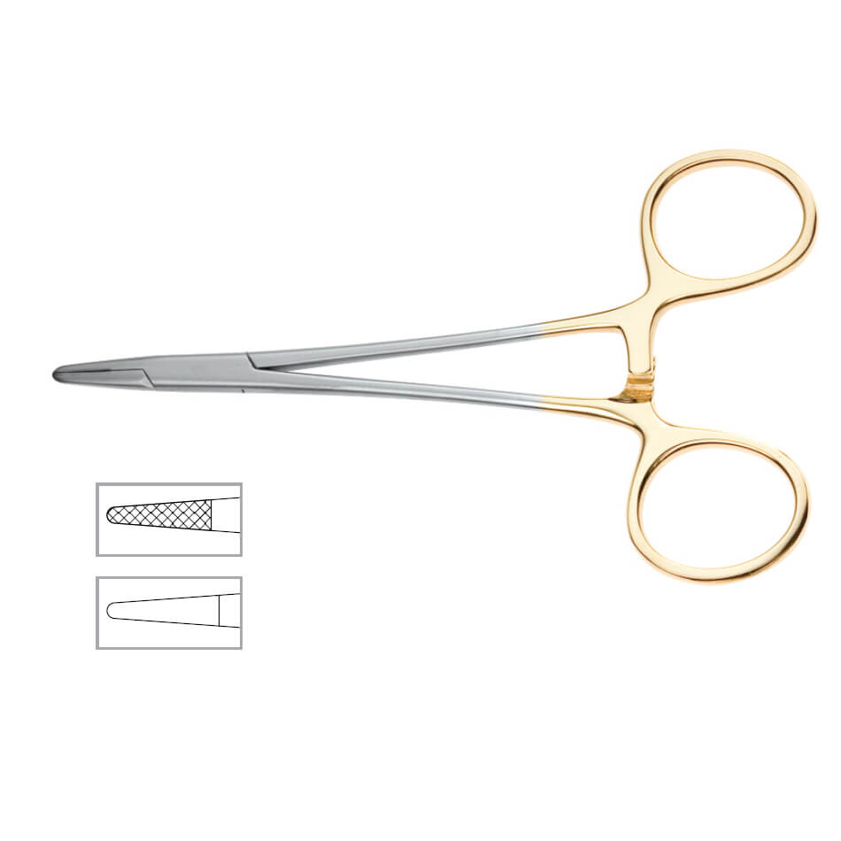 The Halsey Needle Holder, 5″ (12.5cm), features silver and gold finger rings, a locking mechanism, and serrated straight tips—ideal for use in rhinoplasty. Inset diagrams display the instrument&