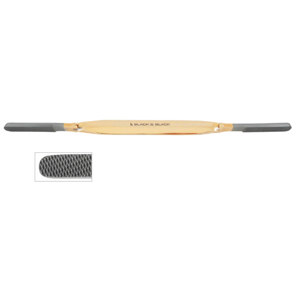 A double-ended diamond wire file with a wooden handle at the center. One end features a close-up insert showing the fine, crosshatched diamond-coated surface for precision filing. The handle is stamped with the brand "Black & Black." This versatile tool is akin to the McCollough Twist Black Diamond™ Fomon Rasp, 8-1/2″ (21.5cm).