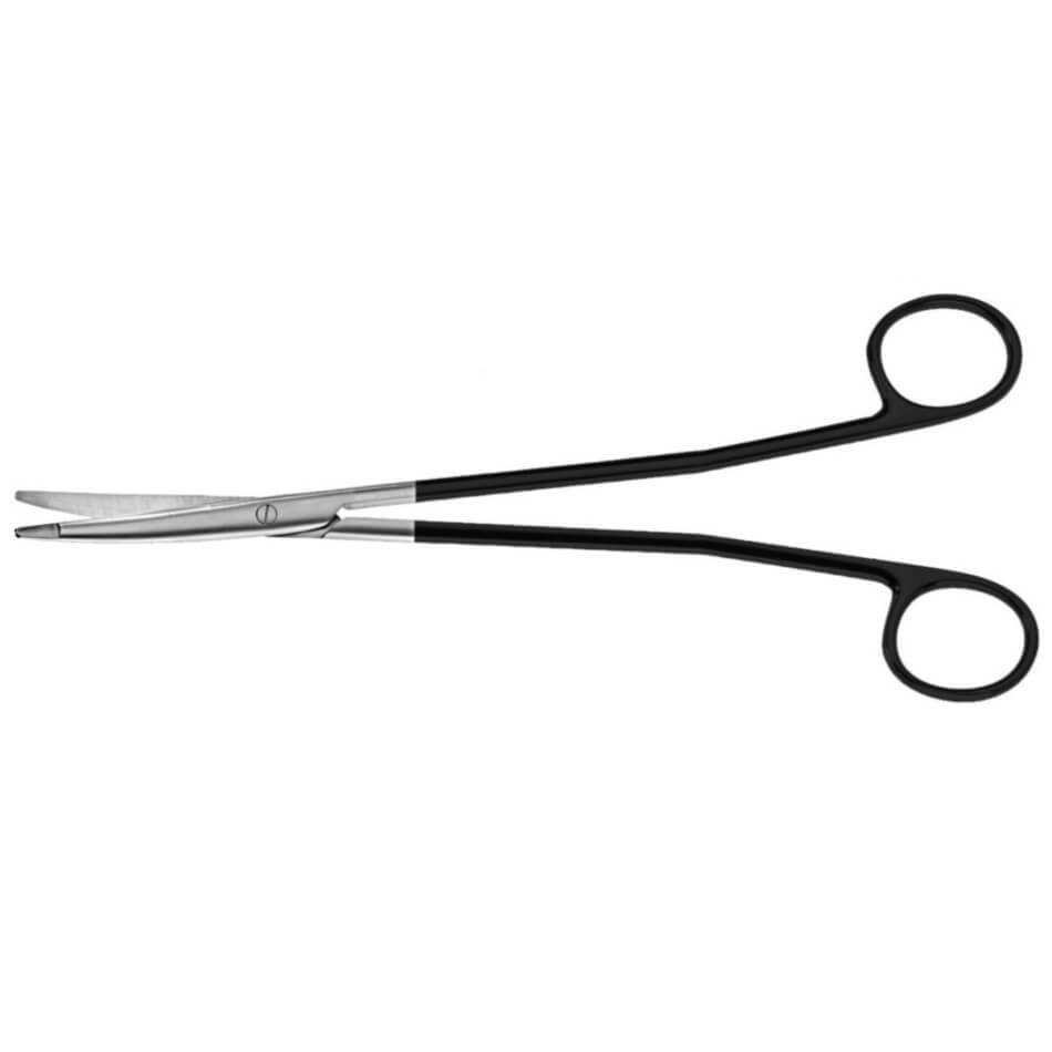 The Gorney Delicate Serrated Supercut Scissors, 8″ (20cm), Curved, feature black ergonomic handles and microserrated stainless steel blades, shown against a white background.
