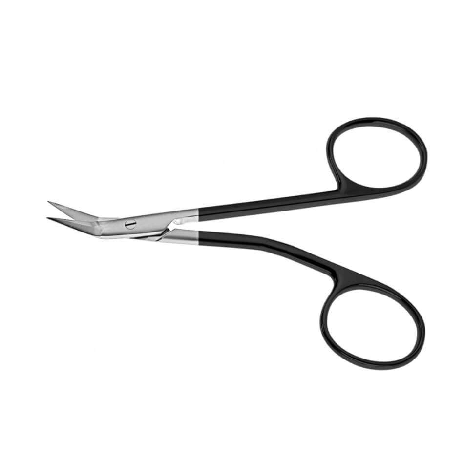 Gorney Swan Neck Serrated Supercut Scissors, 4-1/2″ (11.5cm), feature curved black handles, small sharp silver blades with a swan neck bend, ideal for precise tasks like nail or cuticle trimming; shown on a white background.