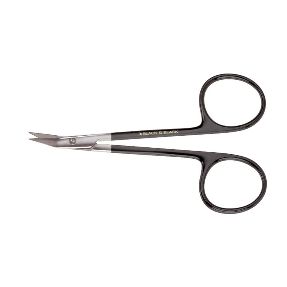The Gunter Serrated Supercut Scissors, 4-1/2″ (11.5cm), Angled, feature black handles, stainless steel curved pointed blades with micro-serrations, and are ideal for nasal tip dissection; "BLACK & BLACK" is labeled on the handle.