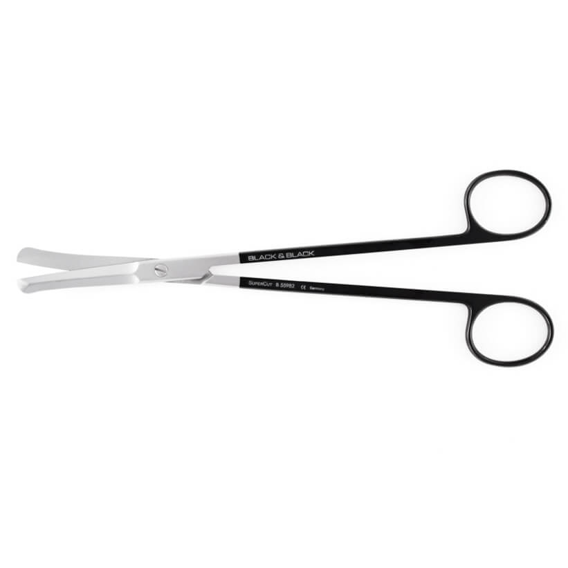 A pair of Villarreal-Rios Facelift Serrated Supercut Scissors, 7-3/4″ (19.5cm), Curved with rounded tips and two finger loops on the handles. The blades, featuring micro serrations for added precision, are made of metal. The handles are labeled "BLACK & BLACK" and "SuperCut 85818 Germany." These scissors are designed for medical or surgical use.