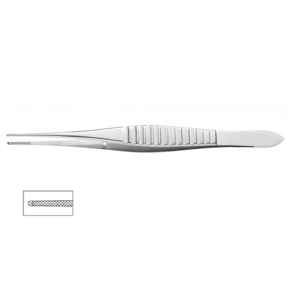 Gillies Dissecting Forceps, 6″ (15cm), feature a serrated jaw with 1x2 teeth and a textured grip. An inset shows the detailed gripping surface, making them ideal for precise facial surgery procedures.