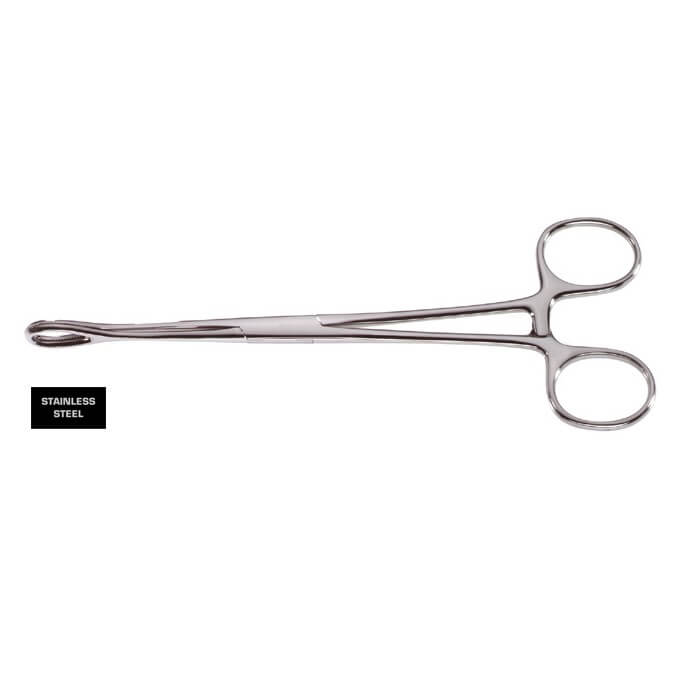 A pair of highest quality Foerster Sponge-Holding Forceps with curved tips. These general purpose forceps feature two ring handles and a locking mechanism near the pivot point, ideal for clamping blood vessels or tissues during surgical procedures. A label says "STAINLESS STEEL.