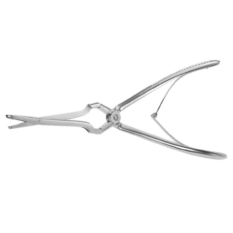 The Jansen Middleton Stainless Steel Forceps, 7-3/4″ (19.5cm), feature a curved, scissor-like handle and fenestrated jaw, making them ideal for nasal polyp removal. Displayed on a plain white background.