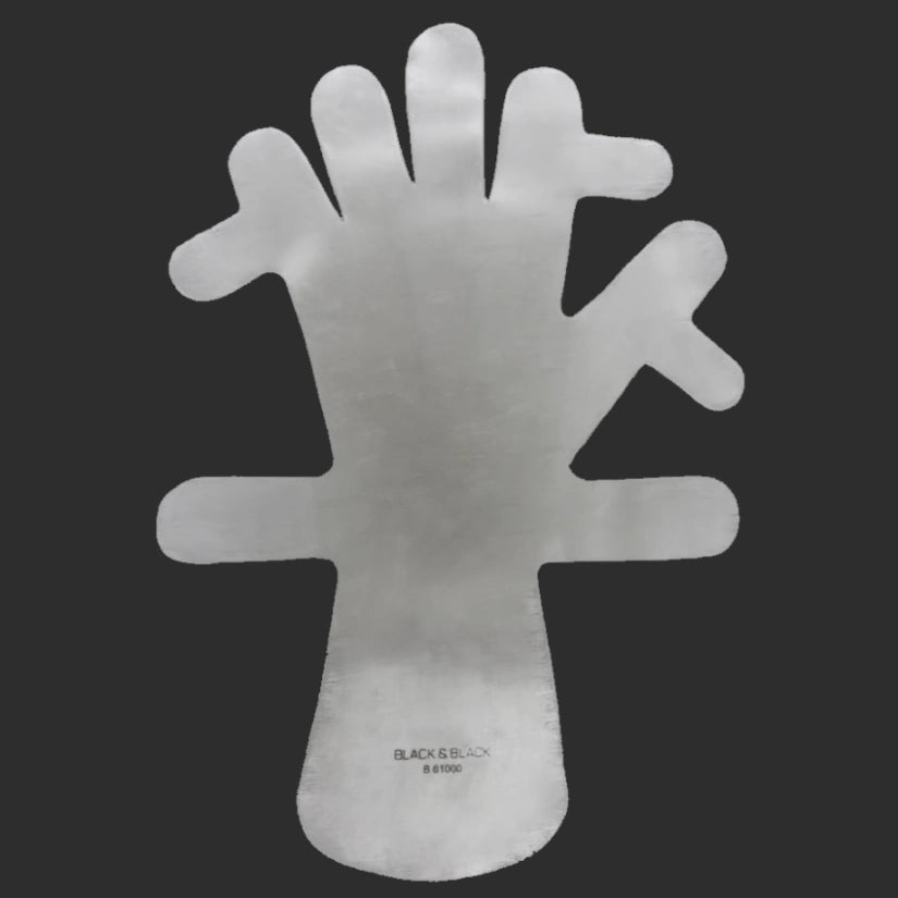 A metallic, flat hand-shaped object with multiple digits is displayed against a dark background in an open position. The bottom of the object is labeled "Lead Hand, Adult" with the model number "BJ6002.