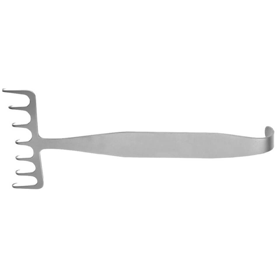 A B&B SS Brow Lift Retractor, 7″ (18cm), 7-Prong with a flat handle and five prongs, resembling a multiple prong retractor, on one end, and a curved hook on the other end, designed for scraping dough off surfaces and mixing bowls. The tool is placed on a plain white background.