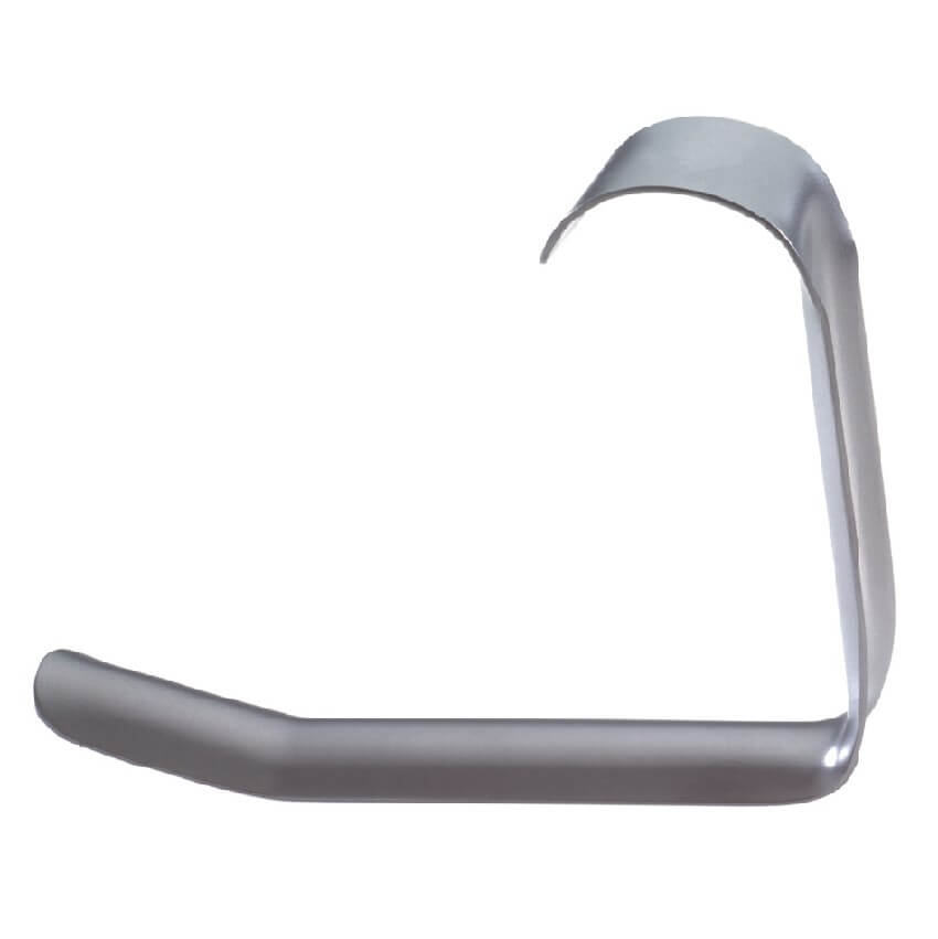 A silver, L-shaped metal breast retractor with a curved tip and a slightly wider, flat section at the top. The hook appears smooth and shiny against a white background, designed for precise retraction of elevated flaps during procedures. Specifically, it is the B&B SS Facelift Retractor, 4-1/2" (12cm), 7/8" (2.3cm) Blade.