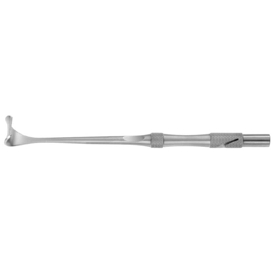 A long, metal hand tool featuring a cylindrical handle with a textured grip section in the middle. One end of the tool tapers into a curved, flat prying tip, perfect for open rhinoplasty procedures, while the opposite end ends in a straight, hollow cylinder.
Product Name: Tebbetts Stainless Steel Skin Retractor, 6″ (15cm), 16mm Wide