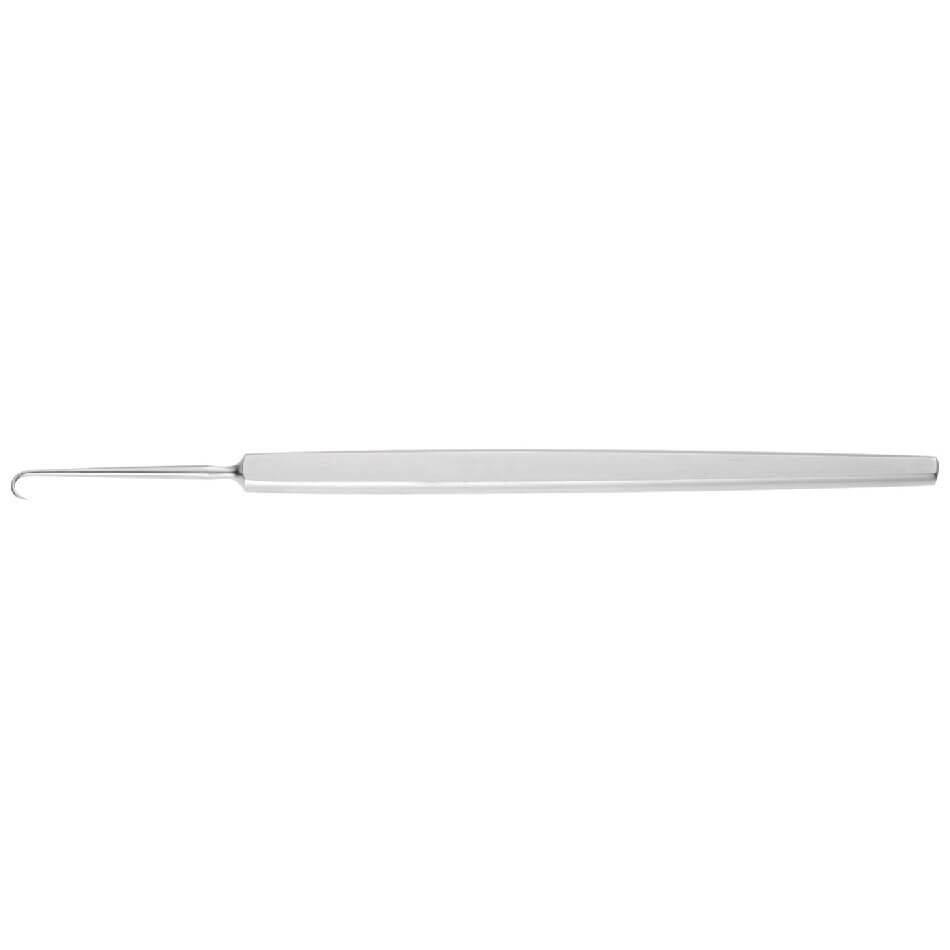 A B&B Skin Hook, 5″ (12.5cm) featuring a long, slender handle that tapers to a fine, curved hook at one end. The tool is designed for threading buttons through buttonholes or performing delicate plastic surgery procedures requiring precision with a small hook.