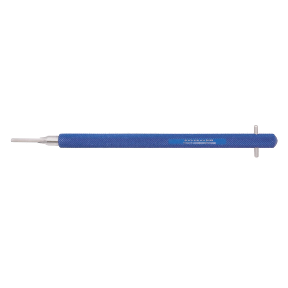 The Kaye Light Weight Knife Handle, 6-1/8" (15.5 cm), for B-P Type Blades 10–15, features a blue handle with a T-shaped grip and two metal prongs for enhanced control, shown isolated on a white background.