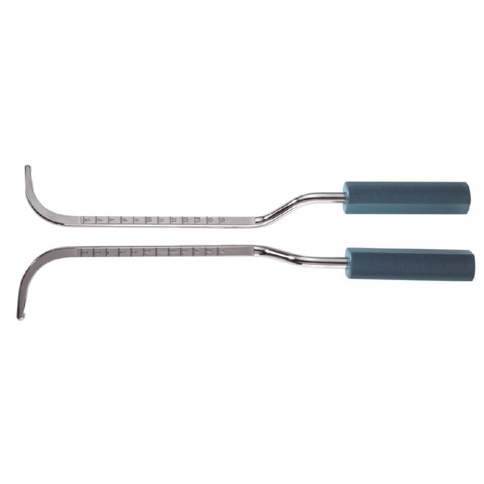 Two Agris-Dingman Stainless Steel Dissectors, 14″ (36cm), Left & Right (Pairs Only), with curved metal tips and blue handles. Each tool has measurement markings along the shaft, indicating increments in millimeters. The instruments are arranged parallel to each other, facing opposite directions.