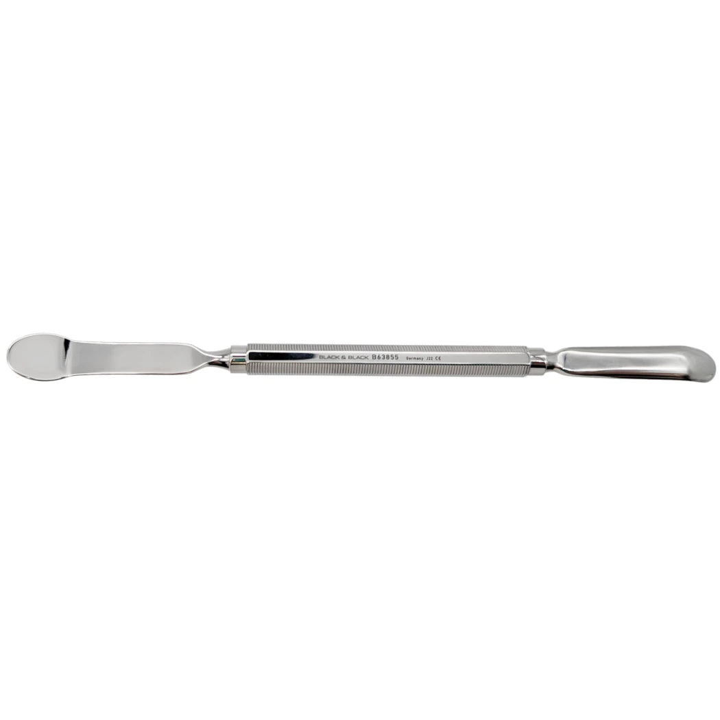 A Peng Rib Elevator, 7-1/2″ (19cm), featuring a straight flat blade on one end and a rounded flat blade on the other. The handle is textured for grip, with "Made in USA" and "BAX 355" inscribed on one side.
