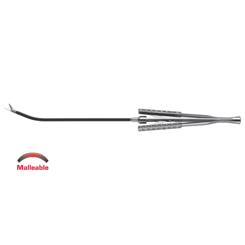 An image of a malleable surgical instrument with a long, flexible shaft and metallic grip. The device features a small curved hook at the end. The words "Ergo Handle Endoforehead A/M Scissors, 6″ (15cm), Blade Straight, Shaft Curved, L/R, Malleable" with a red arc symbol are shown on the left side of the image, highlighting its use in endoscopic plastic surgery instruments.