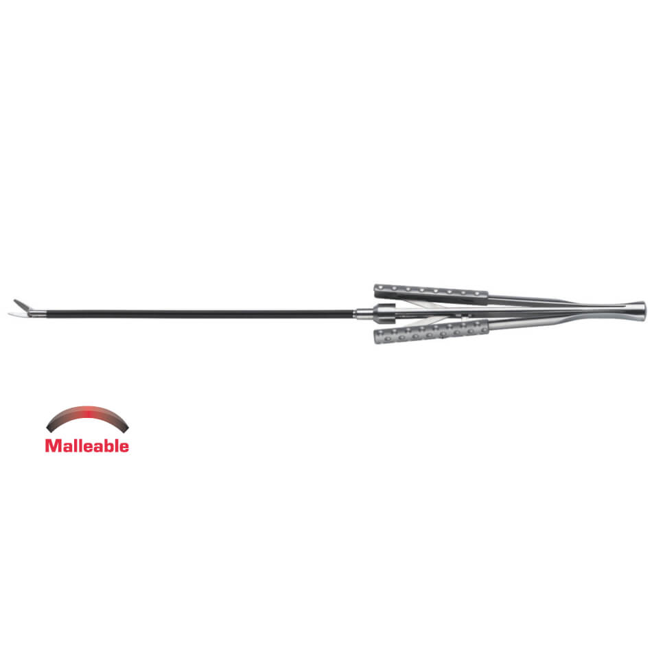 An illustration of Ergo Handle Endoforehead Scissors, 6″ (15cm), Blade Curved Left, Shaft Straight, Malleable designed for precise dissection, featuring a long, thin rod with a small hook on one end and three segmented, adjustable arms on the other. The word "Malleable" appears in red text next to a red and black semi-circle graphic.