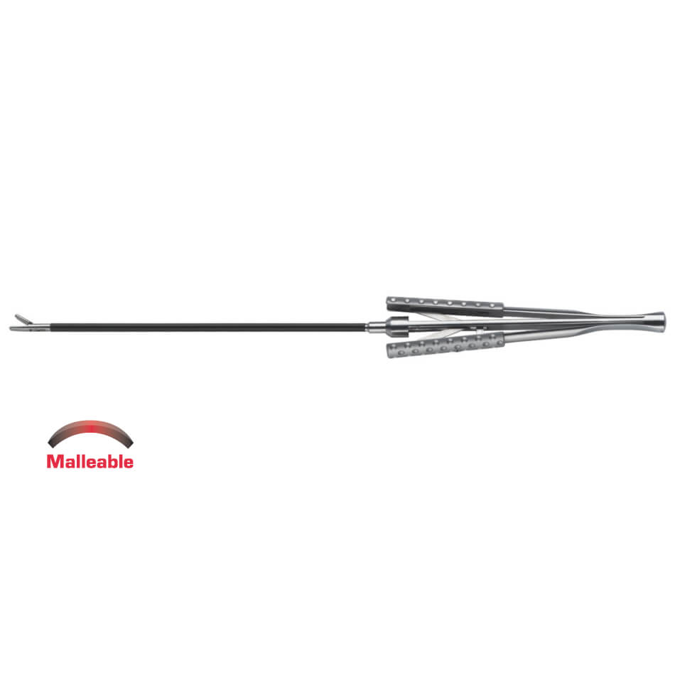 A long, thin metal tool with a small clamp at one end and an ergonomic handle for optimal grip. The word "Malleable" in red, accompanied by a flexible, curved icon, is displayed on the left side. Ideal for delicate procedures involving supratrochlear and supraorbital nerves is the Ergo Handle Endoforehead Grasper, 6″ (15cm), Shaft Straight, Malleable.