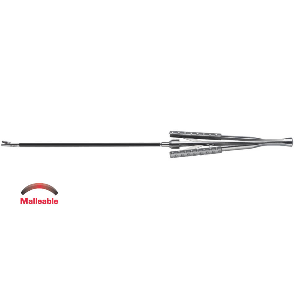 An Ergo Handle Endoforehead Fascia Needle Holder, 6″ (15cm), Shaft Straight, Malleable with a long, thin shaft and a handle featuring multiple grip segments. The head end is curved slightly, and there is a label indicating "Malleable" with a red semicircular arrow, typical of advanced endoscopic plastic instruments.