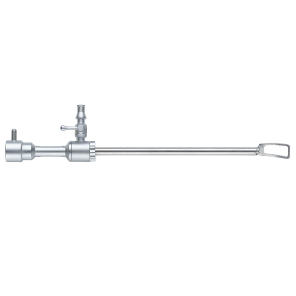 Image of a B&B Endoforehead Fenestrated Cannula Single Stop-Cock For 5mm Scope with various joints and a small lever on top, possibly a laboratory or medical instrument. The rod, resembling an endoscope tip, has a cylindrical shape with a hooked or looped end and a valve attachment in the middle. The background is plain white.