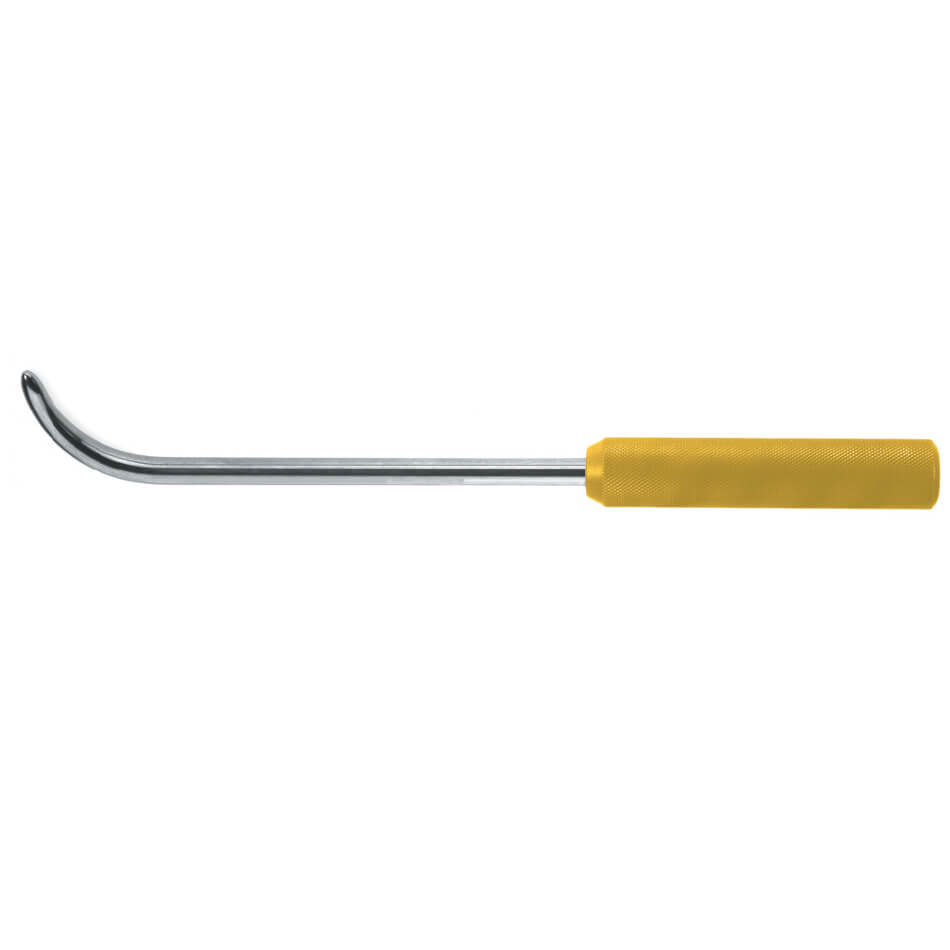 A B&B Emory Endoplastic Breast Dissector, 13″ (33cm) featuring a long, curved metal shaft and a yellow textured handle designed for grooming animals. The comb&