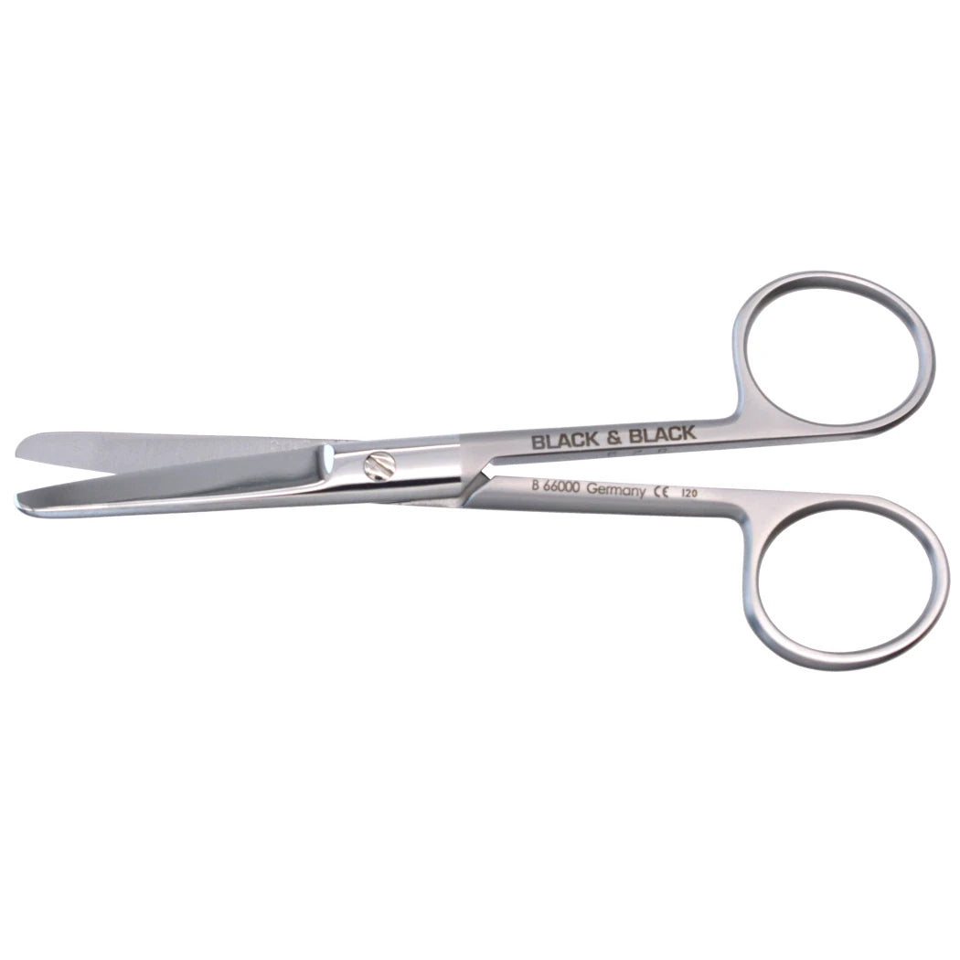 A pair of Operating Scissors, 4-1/2″ (11.5cm), Straight, Blunt/Blunt with slightly curved blades. The scissors have two finger holes, a blunt tip on the lower blade, and are engraved with the text "BLACK & BLACK" along with "B 66000 Germany CE 129".