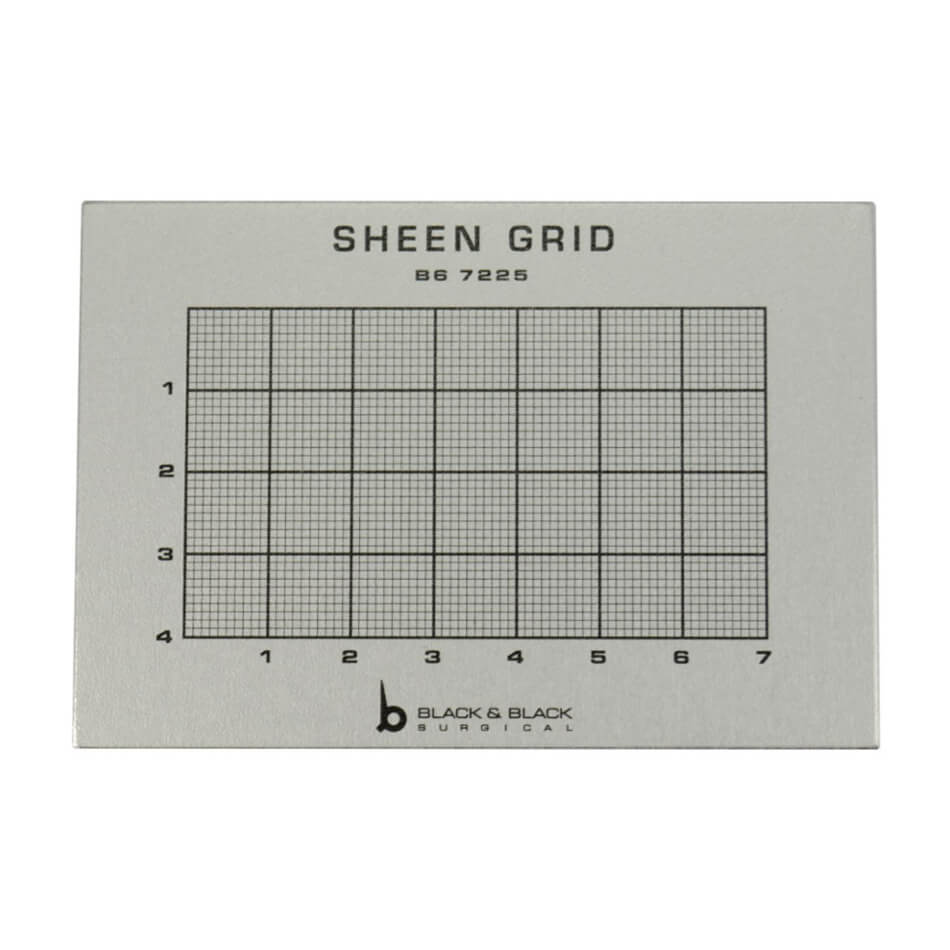 A rectangular Sheen Cartilage Grid, Aluminum is shown, labeled with "SHEEN CARTILAGE GRID, ALUMINUM" and "56 7225" at the top. The grid, graduated in millimeters, has a 7x7 layout with numbered and lettered axes. Ideal for cutting and measuring cartilage grafts, the manufacturer&