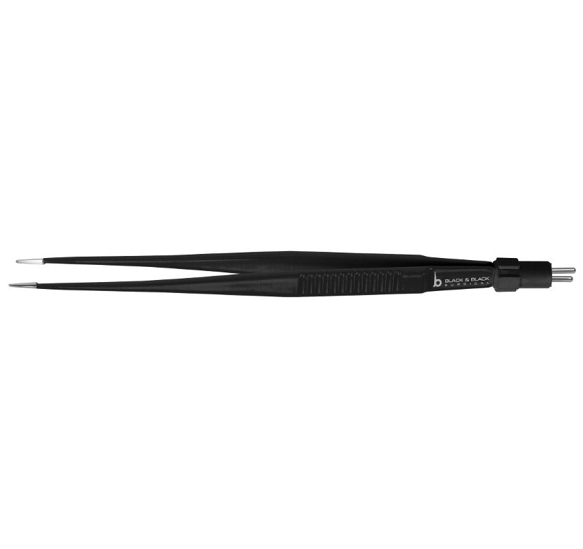 A pair of black NobleTouch Potts-Smith Non-Stick Bipolar Forceps, 8″ (20cm), 2mm with sharp, pointed tips and a ribbed grip in the middle. The forceps are marked with the brand name "Blunt & Black" near the tips and have a cylindrical base. The overall design is sleek and professional.