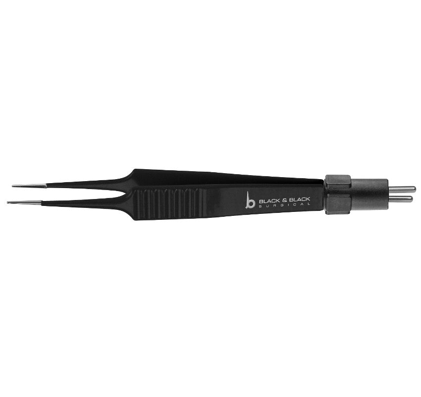 A pair of NobleTouch Jewelers Non-Stick Bipolar Forceps, 4-1/2″ (11.5cm), Straight Tip with a serrated grip and silver alloy tips designed to reduce sticking. The words "BLACK & BLACK SURGICAL" are printed in white on the handle, ensuring precise coagulation during medical procedures.