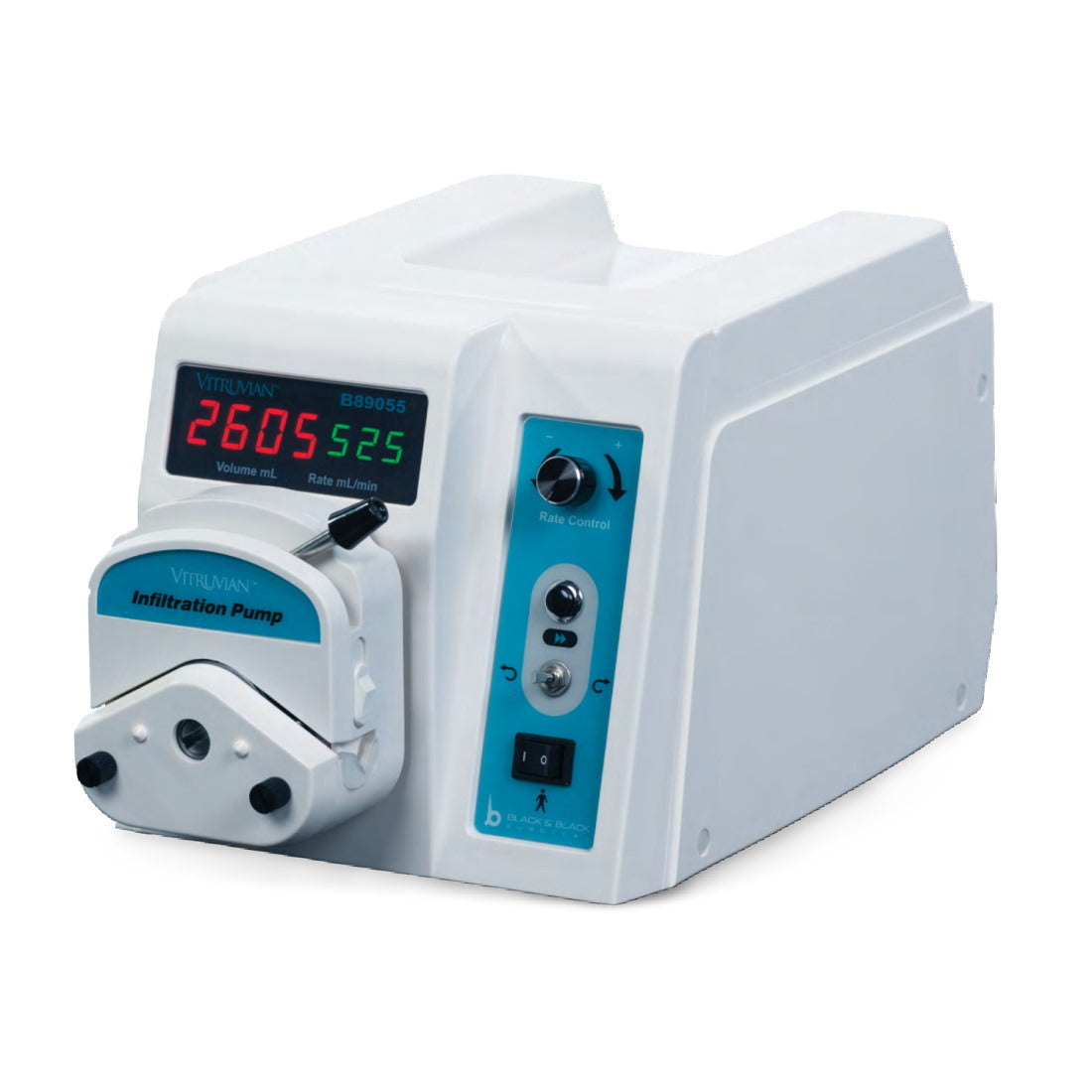 A white Vitruvian Infiltration Pump, LED Volume Display - Variable Speed High Flow, 100-240VAC machine with a digital display showing numbers in red and green. The machine features fluid counting technology, along with a knob, several buttons, and connectors on the front panel labeled "Rate Control.