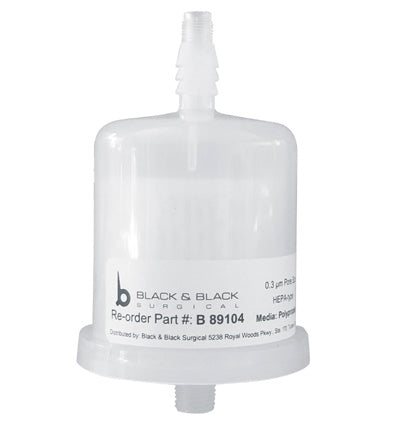Image of a cylindrical white plastic medical filter from Black & Black Surgical. The filter has a threaded inlet and outlet, and the label displays "0.3 µm Pore", "Aspirator Filter, 0.3 Micron, for Vitruvian™ Ultimate Aspirator" along with part number B 89104 and other product information.
