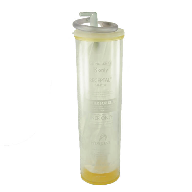 A tall, clear plastic IP Reusable Canister, 2000ML with a yellow base, gray lid, and tube attachment on top.