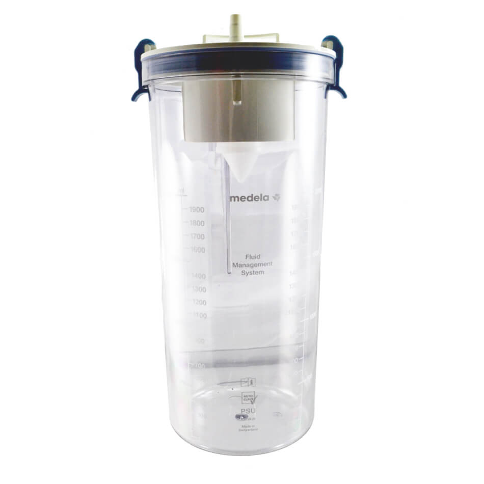 A clear, cylindrical 3000CC Reusable Canister - No Port/No Lid container with measurement markings and a lid with two latches. The lid has an inlet and an outlet. The word "Medela" is printed on the container.