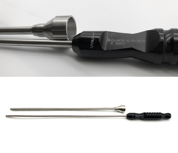An image showing a Markmann Drain Inserter with a sharp, elongated metal shaft and a black handle labeled "Black & Black VITRUVIAN." The autoclavable reusable system is depicted from two angles: a close-up of the handle and a full view displaying its entire length and tip.