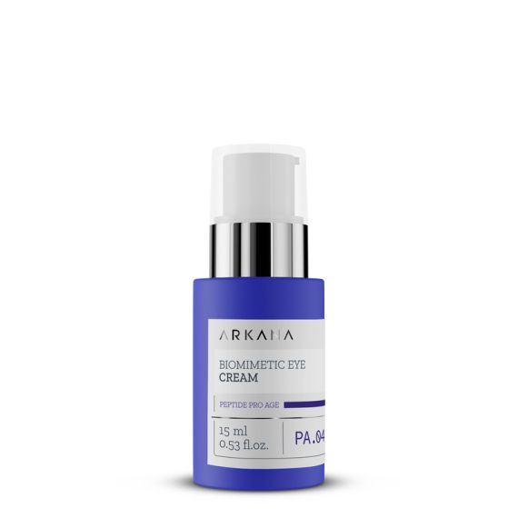 A 15ml bottle of Biomimetic Eye Cream with a pump dispenser, in blue and white, labeled “peptide pro age,” is displayed against a white background.